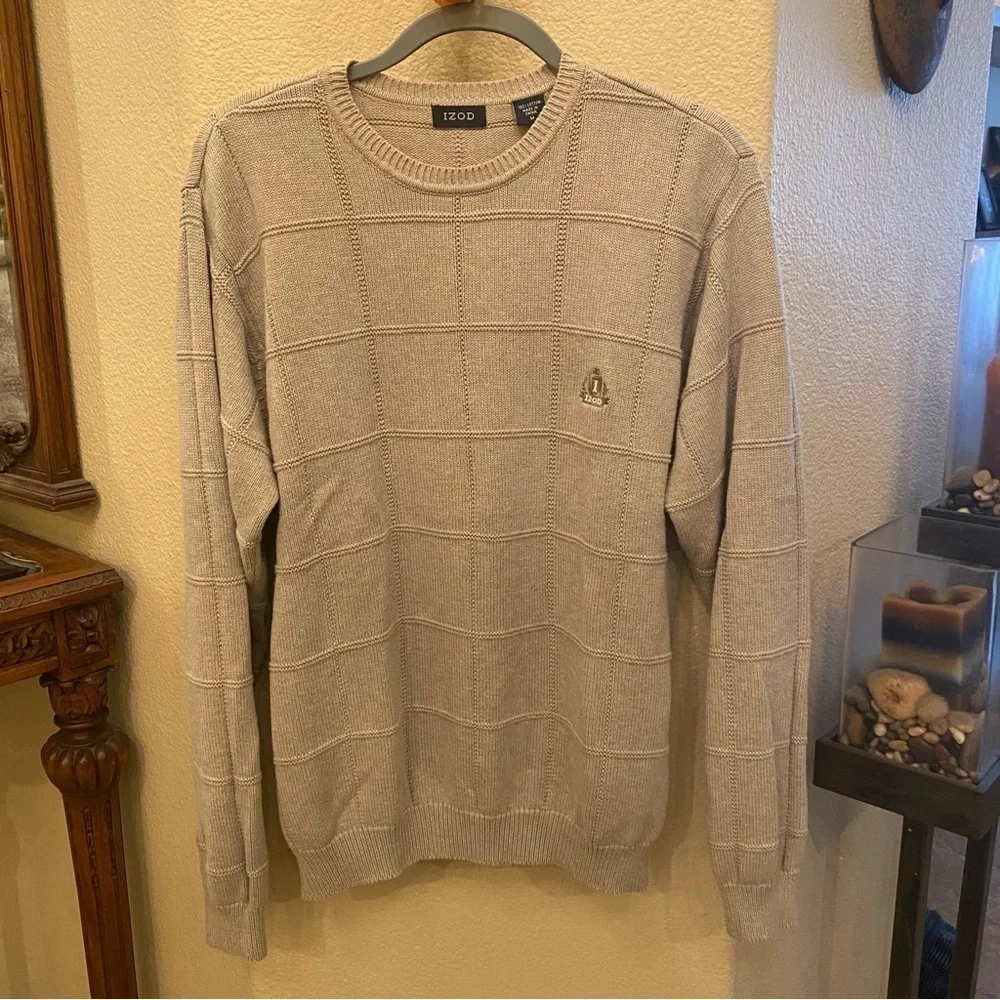 IZOD Light Beige 100% Cotton Grid Sweater Size Medium